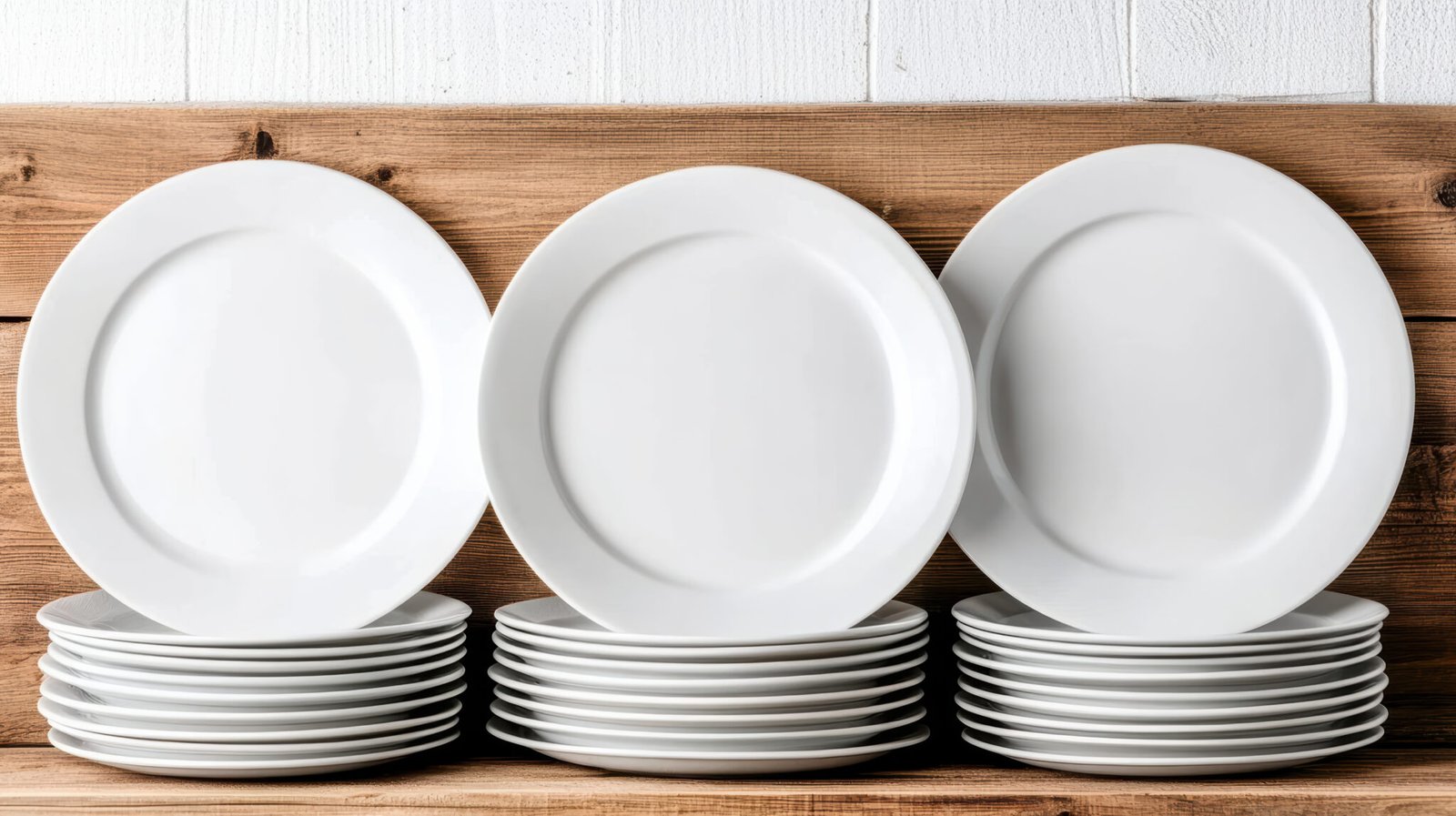 About stacked white ceramic plates arranged neatly wooden shelf, creating clean and minimalistic look